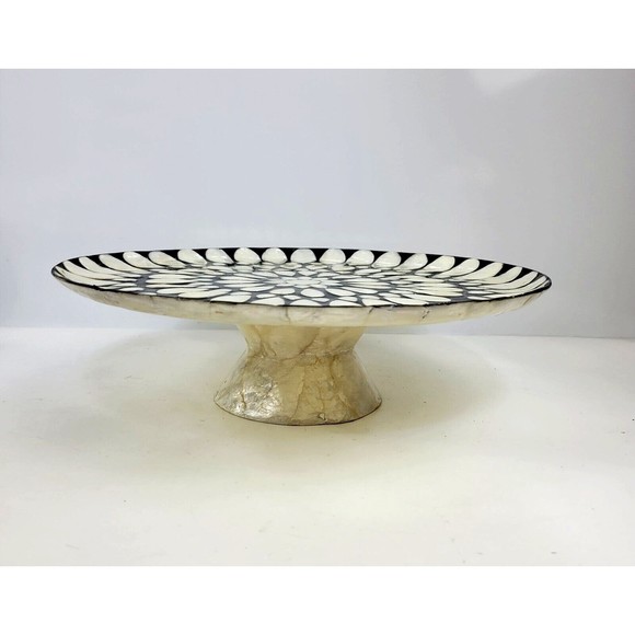 Capiz Shell Pedestal Cake Stand Plate Decorative Flower Inlay Black Ivory 13" - Picture 9 of 15